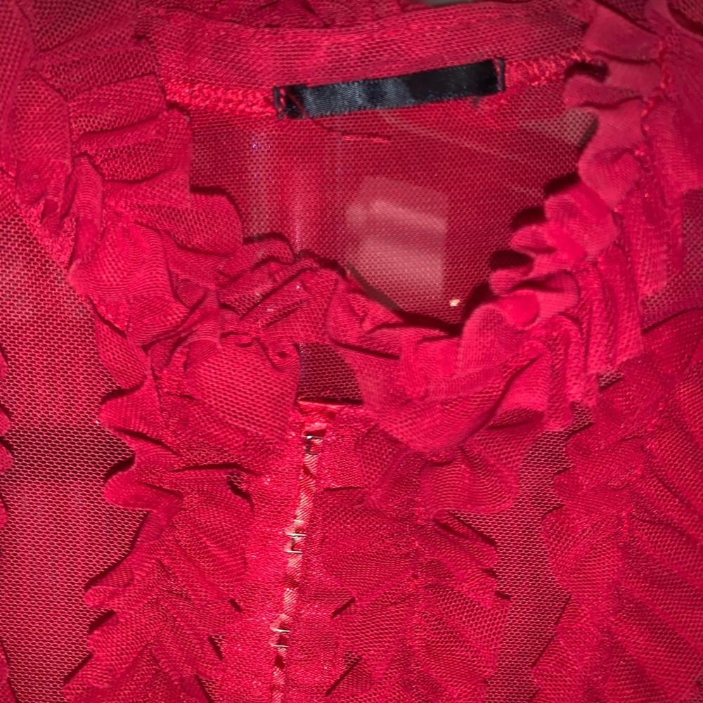 Red ruffle button up blouse.